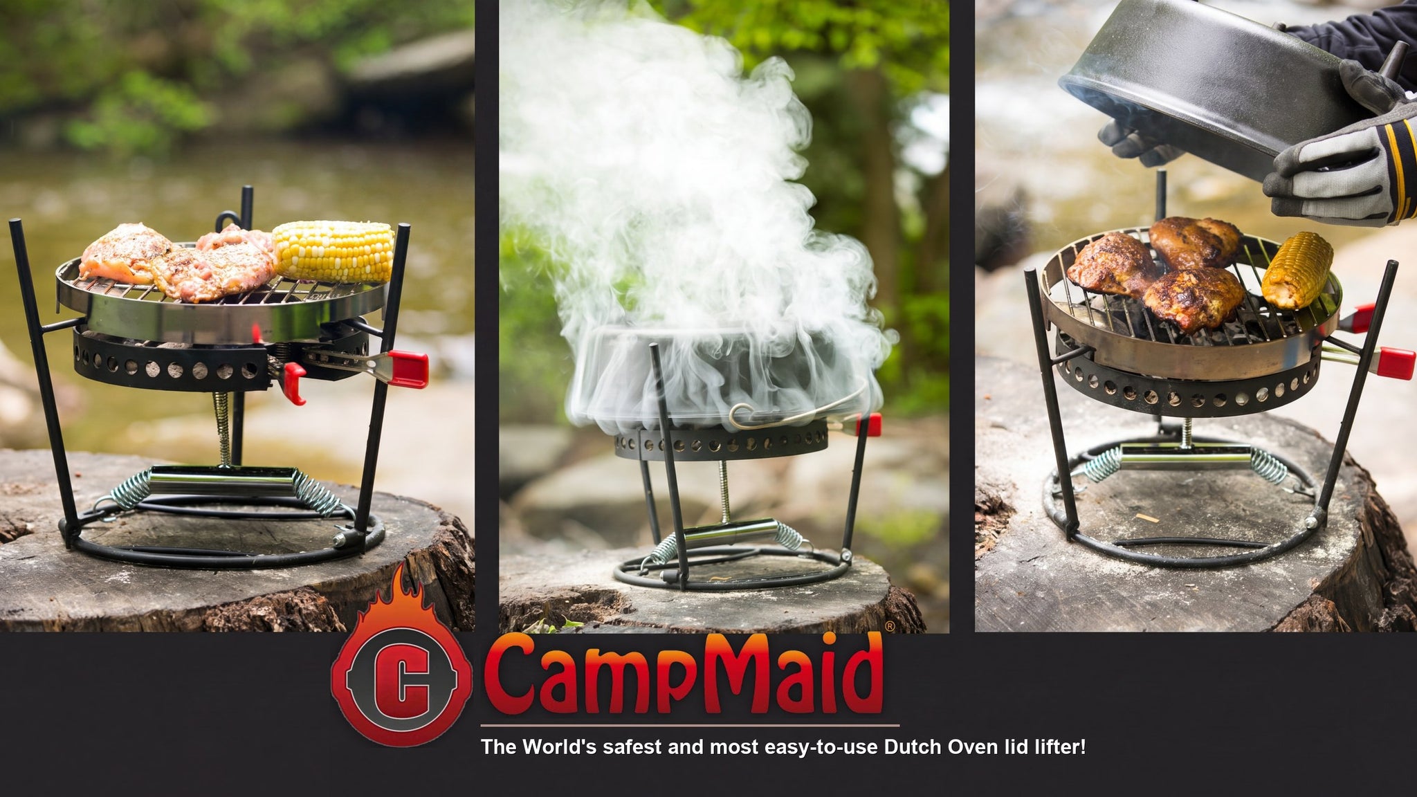 CampMaid Dutch oven tools in use outdoors: chicken and corn grilling on the flip grill, a Dutch oven smoking, and the lid lifted for serving