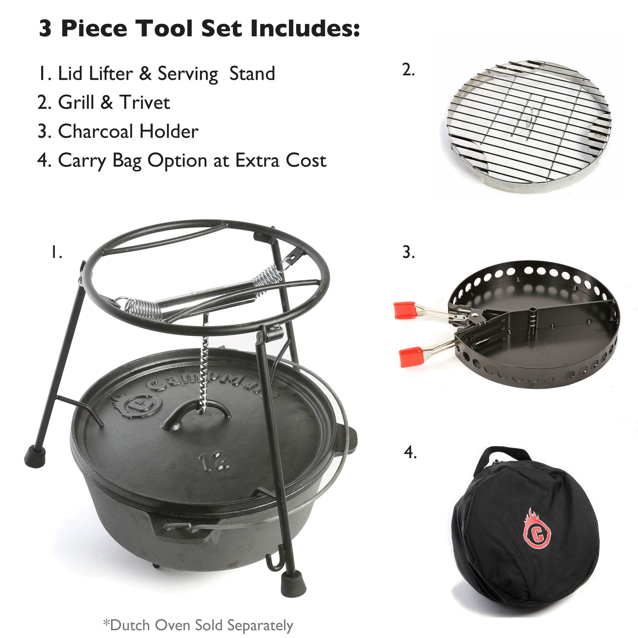 CampMaid Outdoor Cooking Set - Dutch Oven and Tools Set - Charcoal Holder &  Cast Iron Grill Accessories - Camping Grill Set - Outdoor Cooking