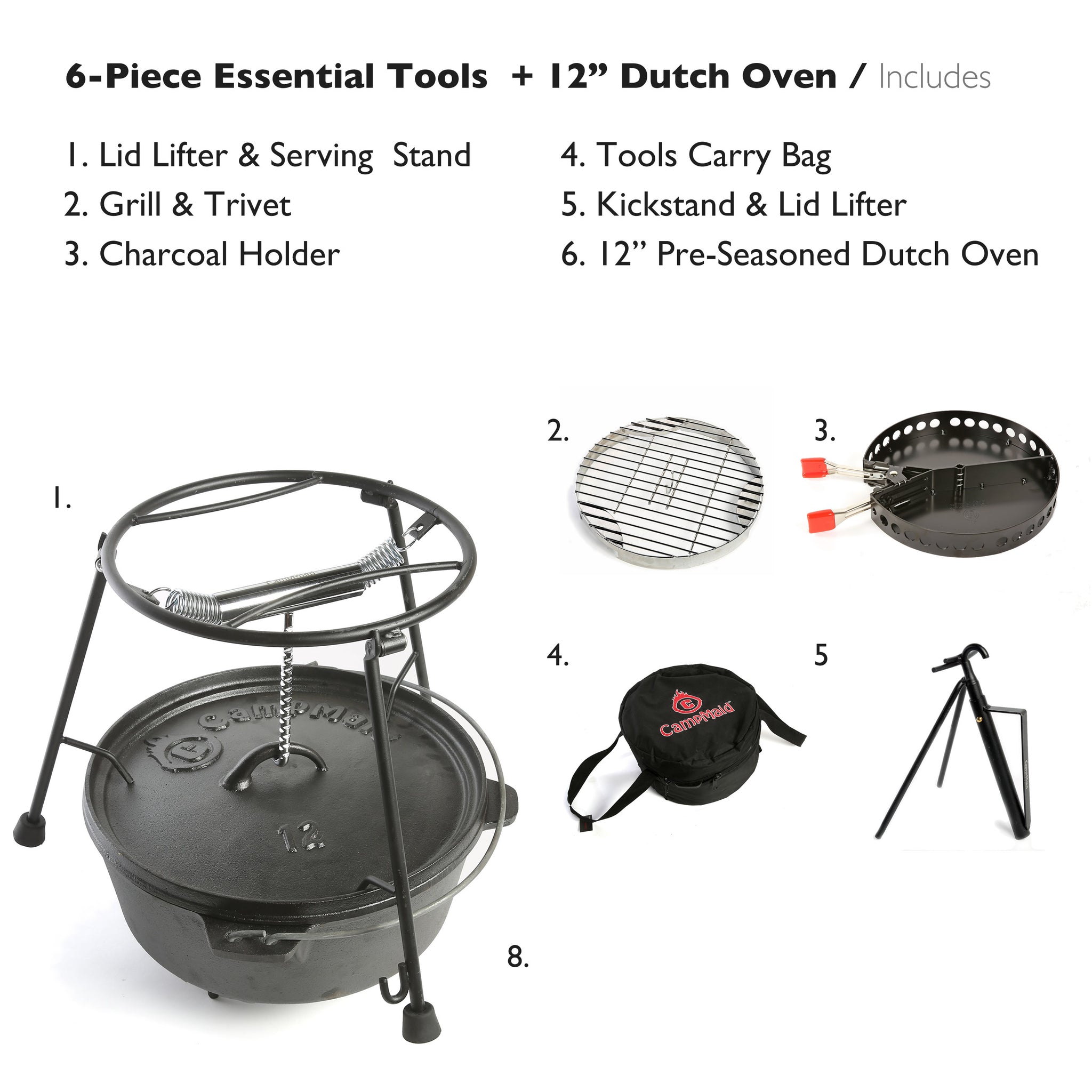 Campmaid - Combo Set - 4 Piece, Lid Lifter-Charcoal Holder-Flip Grill-Kick Stand