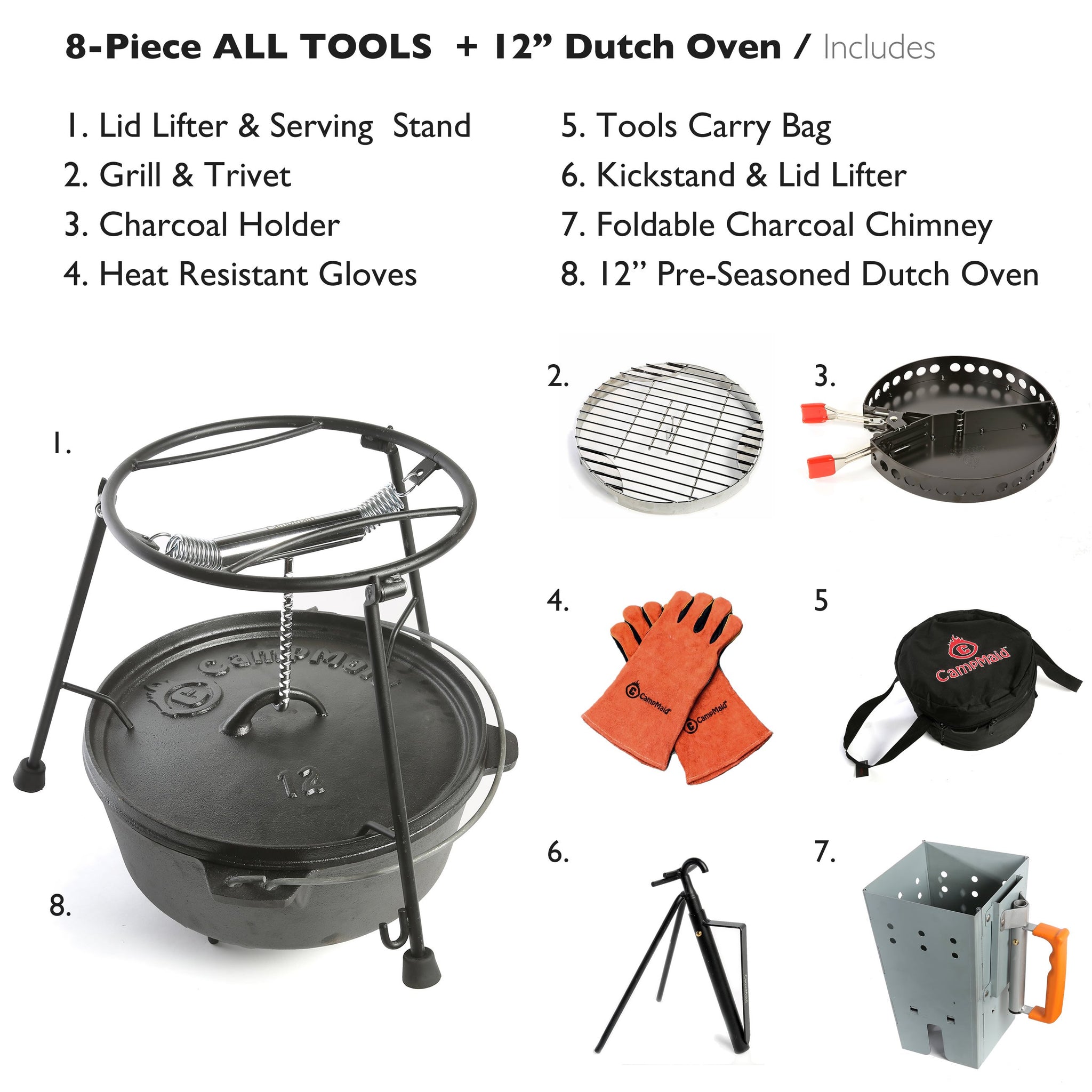 8 Piece Pre-Seasoned Dutch Oven Cooking Set Cast Iron Camping