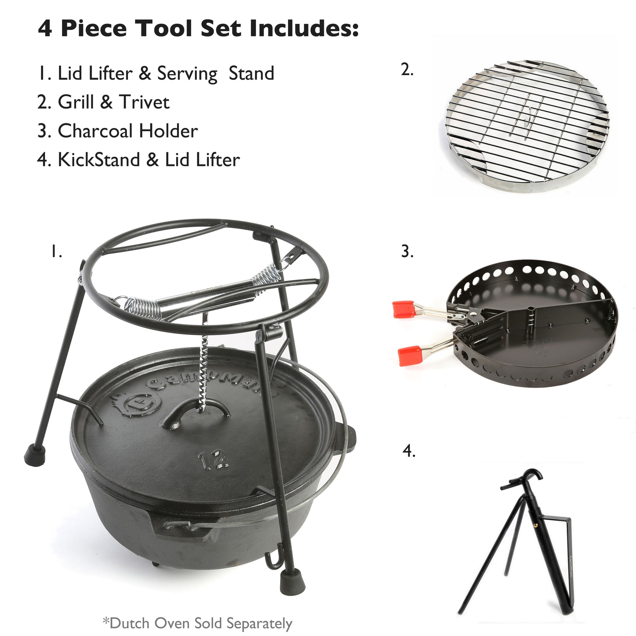 Campmaid - Combo Set - 4 Piece, Lid Lifter-Charcoal Holder-Flip Grill-Kick Stand