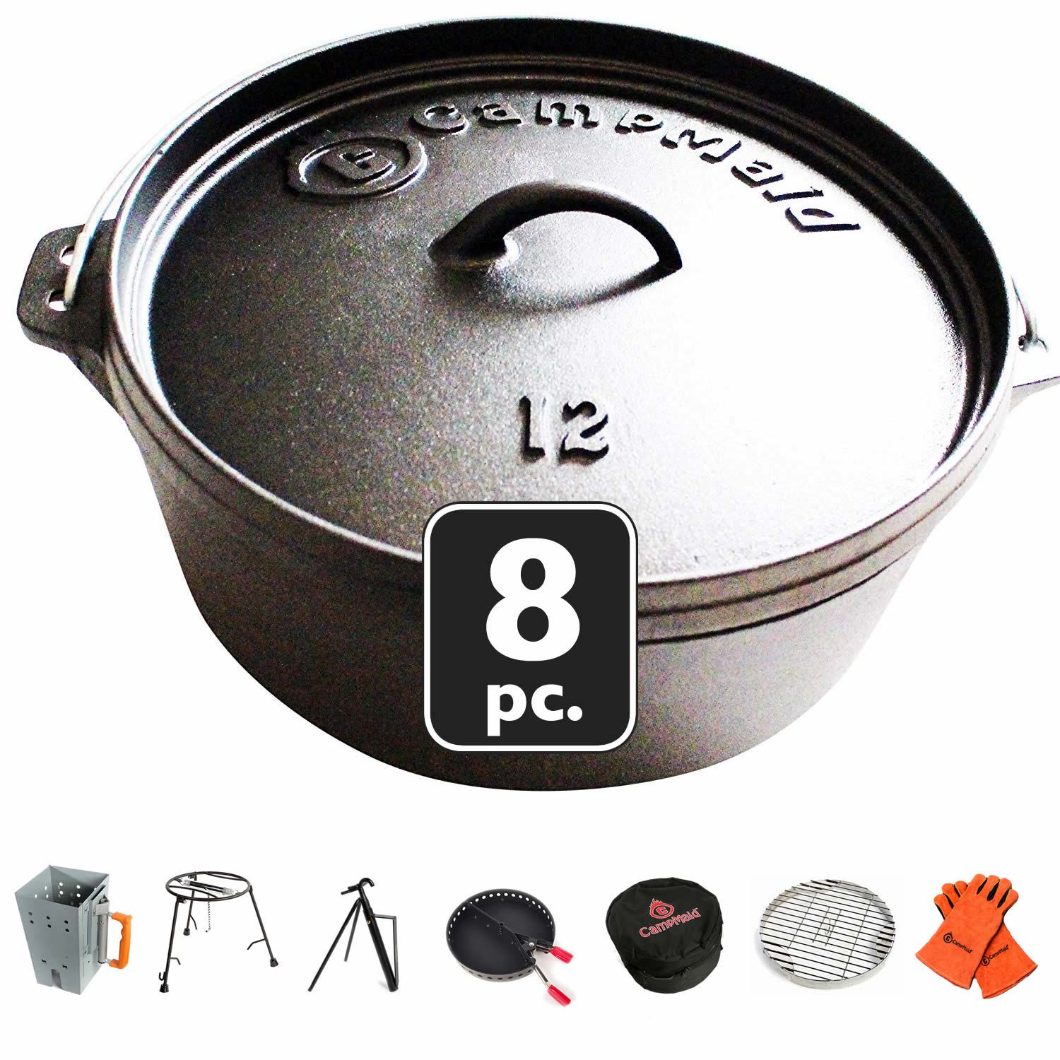 7-delige Dutch Oven set in houten kist, gietijzer, al ingebrand met kookpan, steelpan, deksellifter en onderzetter, grillplaat, pan, voor BBQ, koken 7-delige Dutch Oven set in houten kist, gietijzer, al ingebrand met kookpan, steelpan, deksellifter en onderzetter, grillplaat, pan, voor BBQ, koken