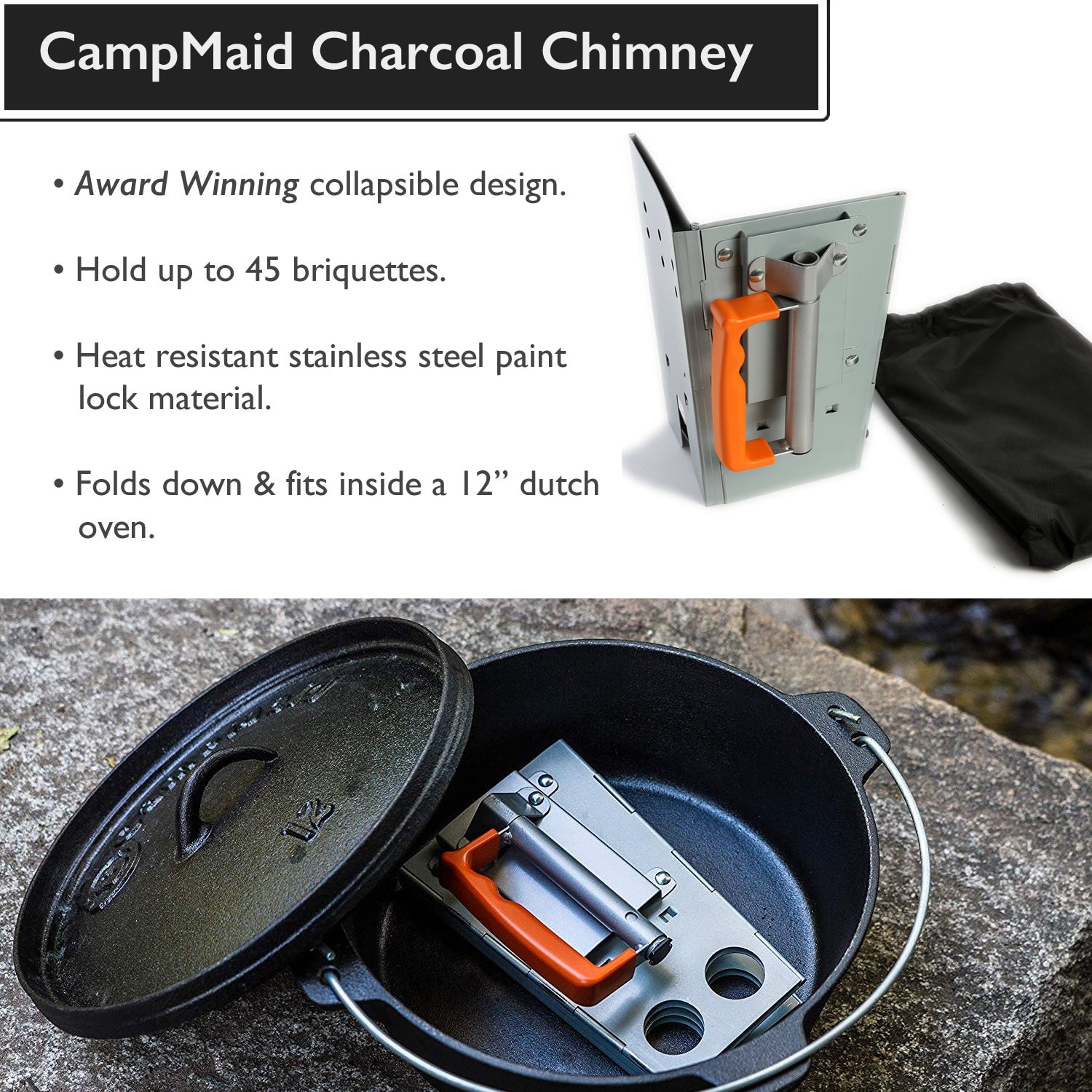 Campmaid - Combo Set - 4 Piece, Lid Lifter-Charcoal Holder-Flip Grill-Kick Stand